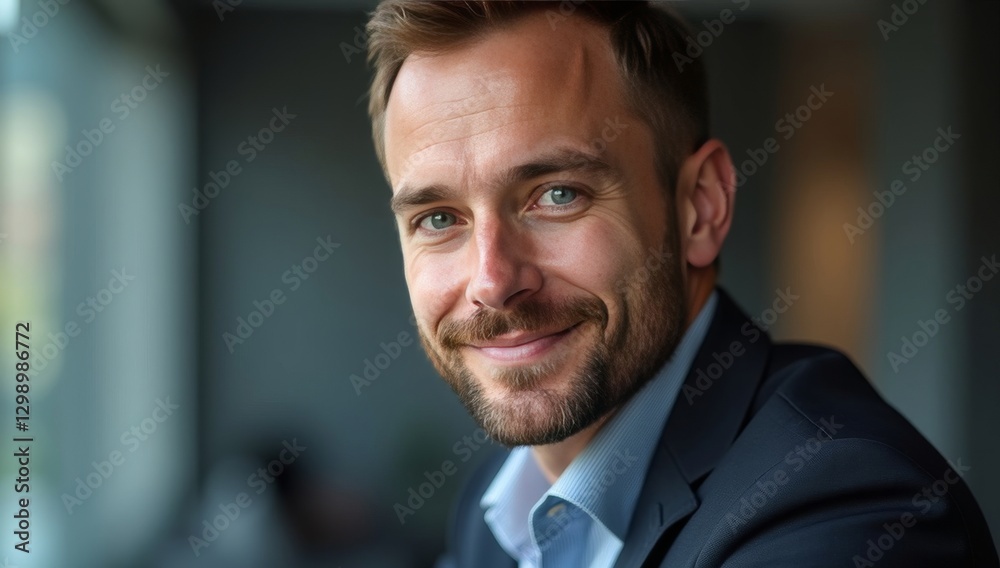 Boss man looking at camera and smiling, young businessman banker with beard photo with close up portrait Boss man looking at camera and smiling, young businessman banker with beard photo with close up portrait