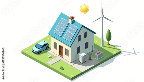 A modern eco-friendly house with solar panels, an electric car, and a wind turbine, illustrating renewable energy and sustainable living.