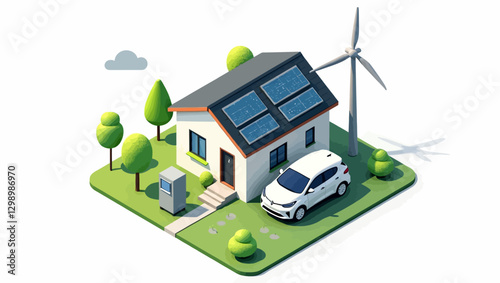 A modern eco-friendly house with solar panels, an electric car, and a wind turbine, illustrating renewable energy and sustainable living.