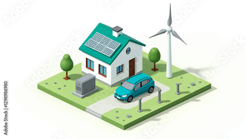 A modern eco-friendly house with solar panels, an electric car, and a wind turbine, illustrating renewable energy and sustainable living.