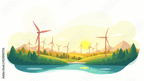 A beautiful mountain landscape with wind turbines and a lake, representing renewable energy and environmental sustainability.