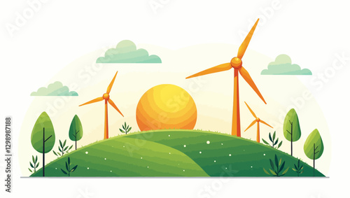 A scenic hilltop with wind turbines at sunset, showcasing renewable energy and a clean environment.