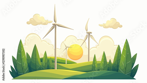 A scenic landscape with wind turbines, rolling green hills, and a bright sun, representing renewable energy and sustainability.