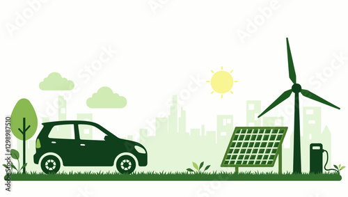 A modern eco-friendly car near solar panels and wind turbines, illustrating clean energy solutions and carbon-free transportation.