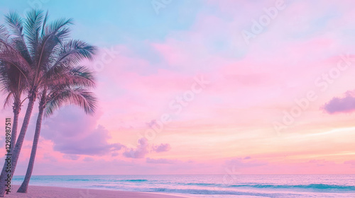 A dreamy tropical beach at sunset  with tall palm trees swaying gently along the shoreline. The sky glows in vibrant pink and purple hues  reflecting on the soft sand and calm ocean waves.
