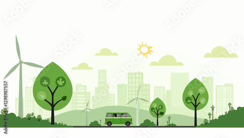 A sustainable urban landscape with wind turbines, trees, and a green transportation system, promoting eco-friendly city living.
