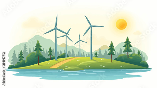 A beautiful mountain landscape with wind turbines and a lake, representing renewable energy and environmental sustainability.
