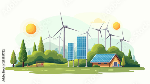 A sustainable home with wind turbines and solar panels in a green environment, promoting renewable energy and eco-conscious urban living.