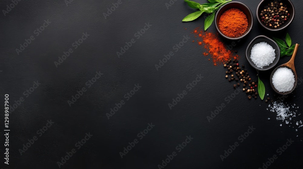 A collection of various spices, including salt and pepper, arranged artistically on a dark background, Ideal for culinary blogs, recipe books, or food packaging designs, A collection of various spices, including salt and pepper, arranged artistically on a dark background, Ideal for culinary blogs, recipe books, or food packaging designs,