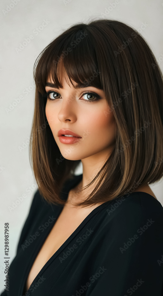Young brunette lady with professional makeup poses elegantly in front of the camera Young brunette lady with professional makeup poses elegantly in front of the camera