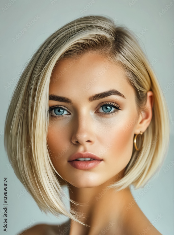 Naklejka premium Young blonde pretty woman with bob haircut and professional makeup poses elegantly in front of the camera