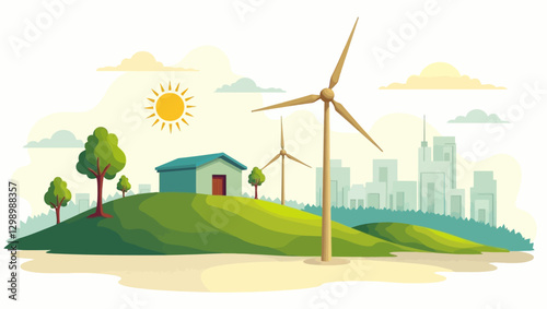 An eco-friendly rural house with wind turbines in the background, illustrating sustainable living and renewable energy solutions.