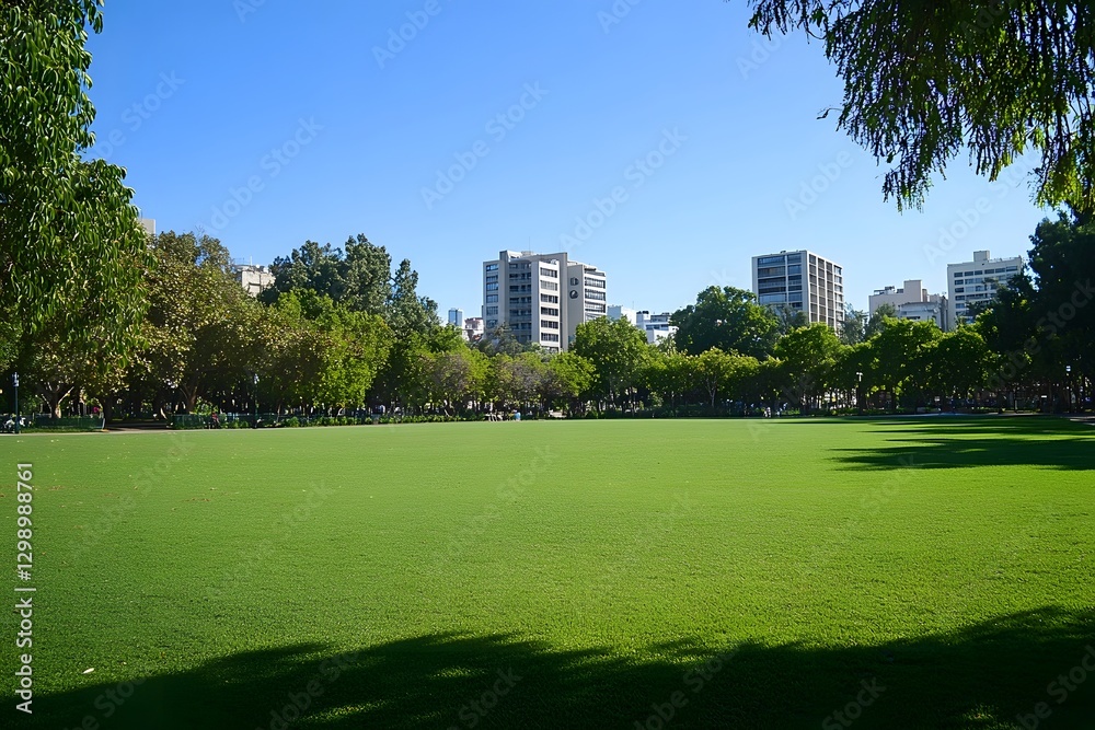 Lush Green Lawn in Urban Park with Towering Skyscrapers in the Background Lush Green Lawn in Urban Park with Towering Skyscrapers in the Background