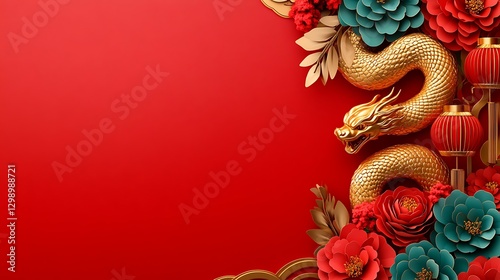 Wallpaper Mural Vibrant Asian Dragon Design with Flowers and Lanterns on Red Background for Lunar New Year Celebration Torontodigital.ca