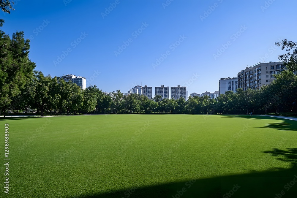 Lush Green Lawn in City Skyline Backdrop with Tranquil Natural Beauty Lush Green Lawn in City Skyline Backdrop with Tranquil Natural Beauty