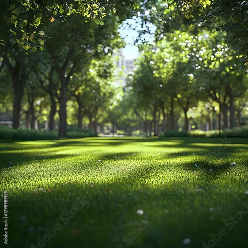 Lush Green Lawn in Peaceful City Park with Shaded Foliage