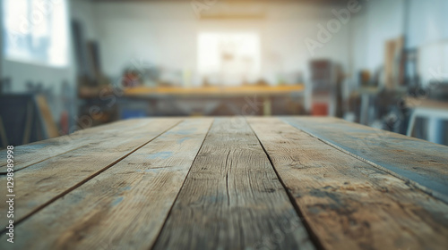 Rustic Wooden Tabletop Workshop Background Blur