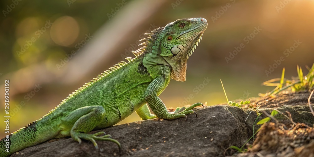 Fototapeta premium an iguana basking on a sunlit rock, displaying its vibrant green skin and sharp features