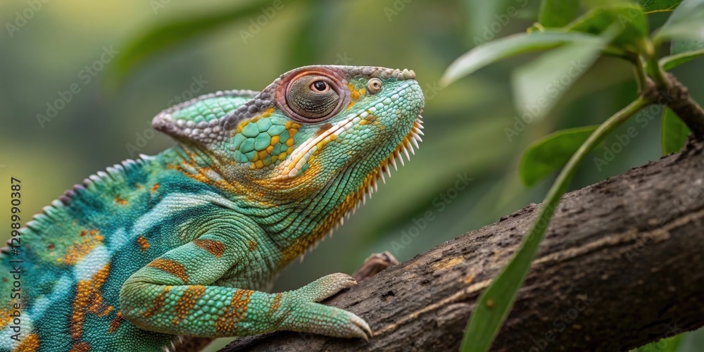 Obraz premium a vibrant chameleon perched on a branch, displaying its colorful skin and watchful eye
