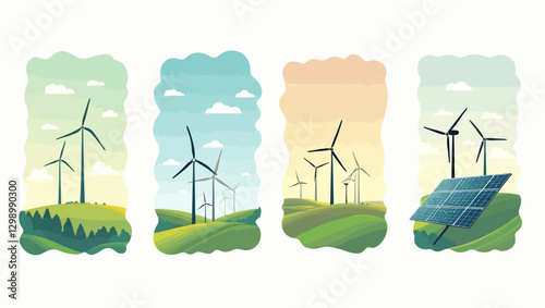 A set of four landscape illustrations featuring wind turbines and solar panels in different environments, symbolizing sustainability and clean energy.