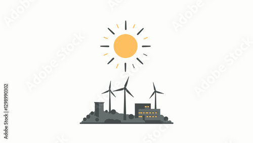 A minimalist illustration of wind turbines and industrial buildings under the sun, symbolizing renewable energy and the transition from fossil fuels.
