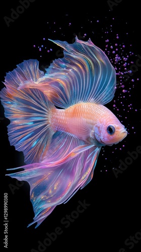 Elegant betta splendens with flowing fins against a stark black backdrop