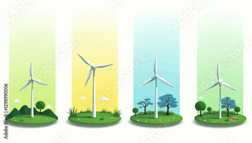 Set of four vertical illustrations featuring wind turbines on green landscapes, symbolizing renewable energy and environmental sustainability.