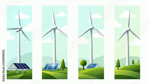 A set of four vertical illustrations featuring wind turbines and solar panels on green hills, representing renewable energy and sustainability.