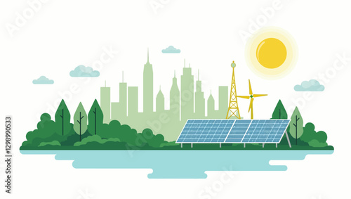 A sustainable city with solar panels, wind turbines, and green surroundings, promoting renewable energy and eco-friendly urban development.