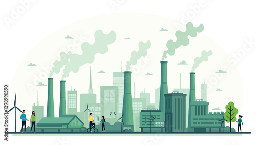 An illustration showing industrial pollution contrasted with renewable energy solutions, highlighting the importance of sustainability and environmental action.