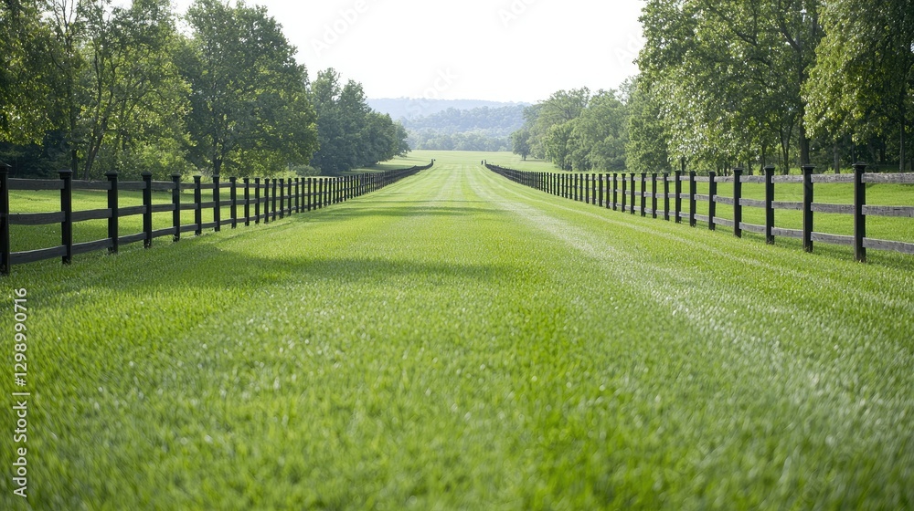 Obraz premium Green grass path, wooden fence, trees, landscape, tranquil farm
