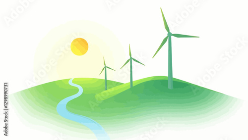 A peaceful landscape with wind turbines and a river flowing through green hills, representing clean energy and environmental sustainability.