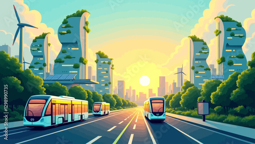 A futuristic sustainable city with green skyscrapers, renewable energy, and electric public transportation. Perfect for smart city and urban sustainability concepts.