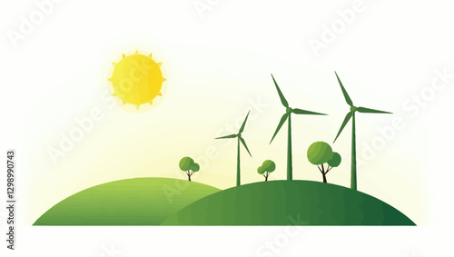 An eco-friendly island with wind turbines and a bright sun, symbolizing renewable energy and sustainability. Perfect for climate action and green energy themes.