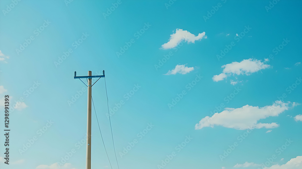 Wooden Electric Pole Against Clear Blue Sky with Scattered Clouds on a Sunny Day Wooden Electric Pole Against Clear Blue Sky with Scattered Clouds on a Sunny Day