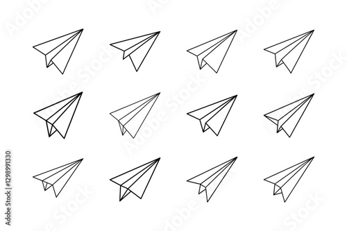 Twelve Paper Airplane Icons Line Art, Simple Designs, Flight Symbols