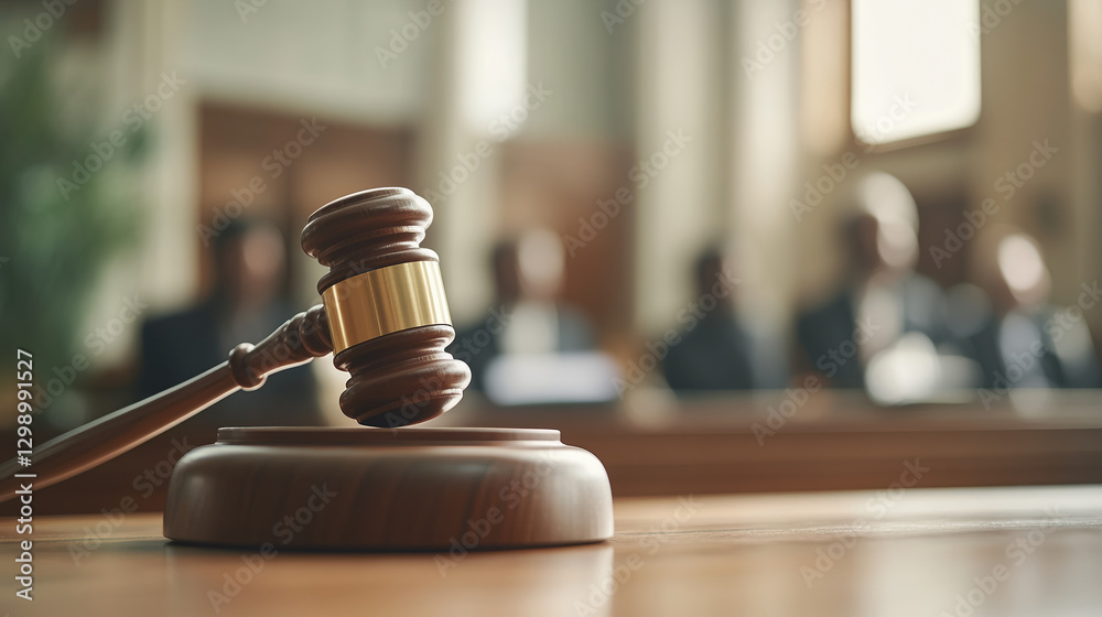 A wooden gavel rests on a desk in a courtroom, symbolizing justice and legal proceedings, with blurred figures of people in the background. A wooden gavel rests on a desk in a courtroom, symbolizing justice and legal proceedings, with blurred figures of people in the background.