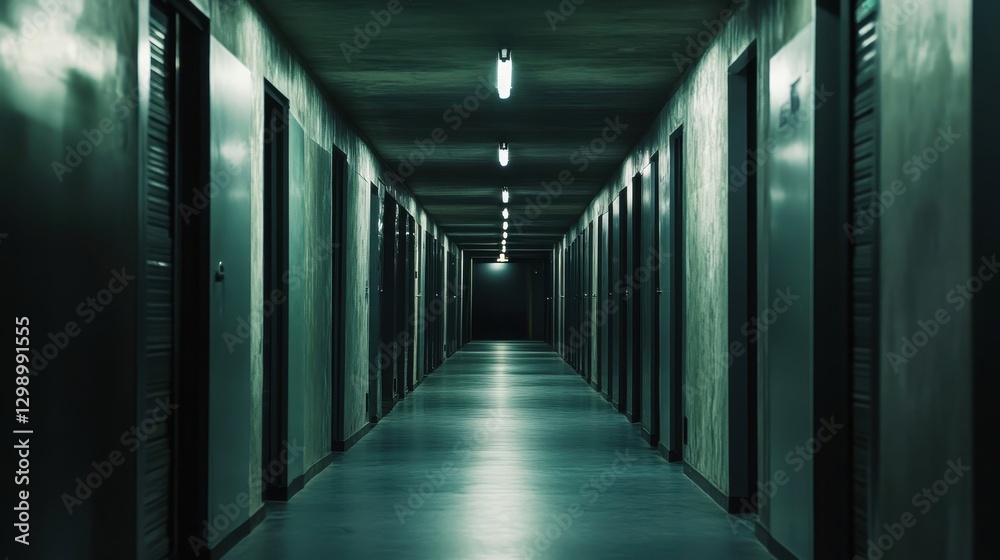 Dark Corridor with Doors in Industrial Setting Dark Corridor with Doors in Industrial Setting