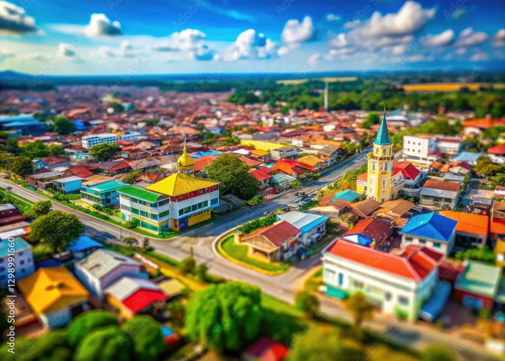 Fototapeta premium Tilt-Shift Riau: Indonesian Archipelago Cityscape, Aerial View, Miniature Effect, High Resolution