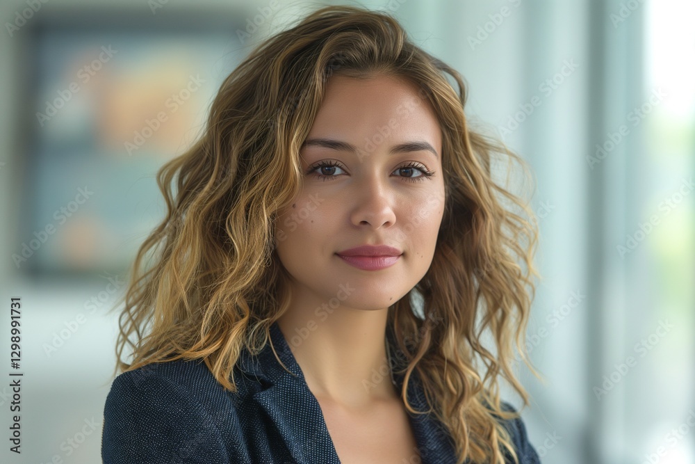 Fototapeta premium Confident young woman with curly hair and natural makeup in a professional setting.