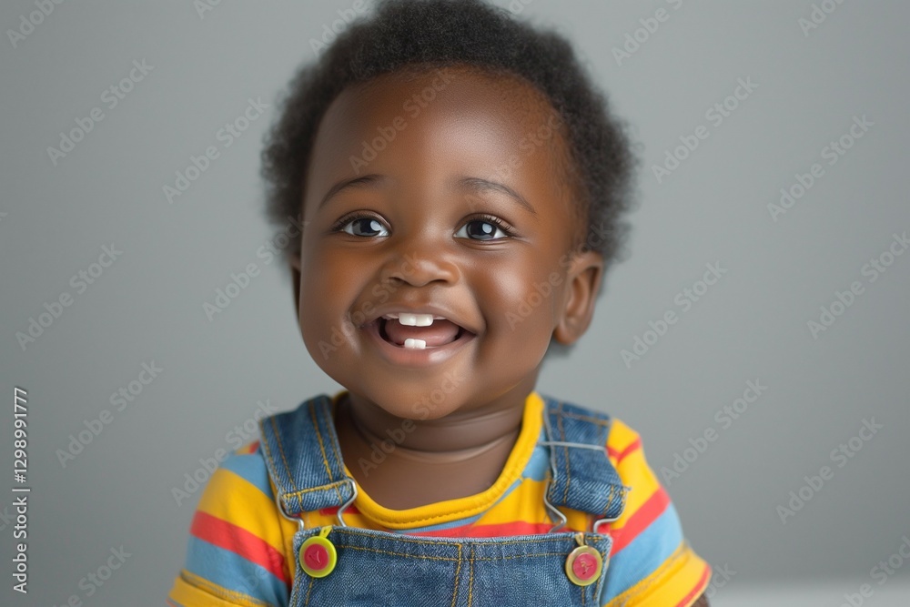 A joyful Black baby boy smiles brightly, showcasing his teeth in a colorful striped shirt and denim overalls. A joyful Black baby boy smiles brightly, showcasing his teeth in a colorful striped shirt and denim overalls.