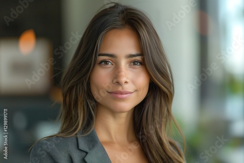 Confident young woman with long hair, dressed in a blazer, presenting a warm smile in a modern, soft-focus setting.