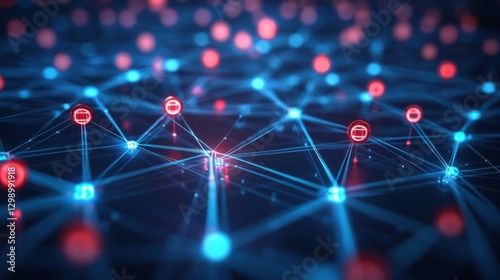 Cybersecurity Breach Network: Detailed Digital Illustration of Interconnected Nodes with Attack Indicators on Dark Background