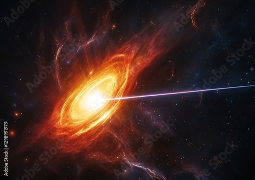quasar emitting bright energy, displaying vast energy jets stretching out into the dark vastness of space