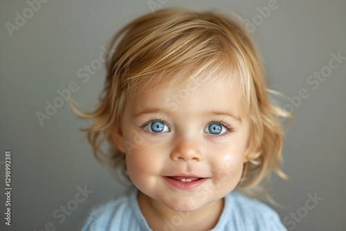 Adorable young girl with blonde hair and bright blue eyes, smiling sweetly against a soft grey background.