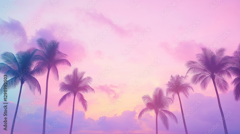 Naklejka premium A serene sunset scene featuring palm trees against a pastel sky of pink and purple hues, evoking a tropical paradise.