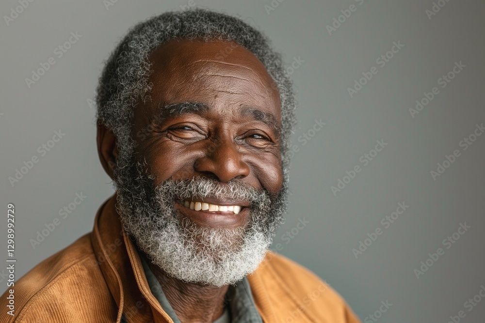 Smiling elderly Black man with gray beard, wearing a brown jacket, exuding warmth and wisdom against a neutral background. Smiling elderly Black man with gray beard, wearing a brown jacket, exuding warmth and wisdom against a neutral background.