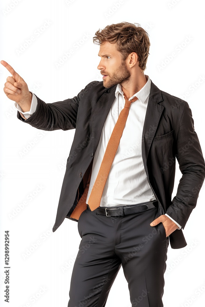 Confident Man in Dark Suit Pointing, White Background Studio Portrait Confident Man in Dark Suit Pointing, White Background Studio Portrait