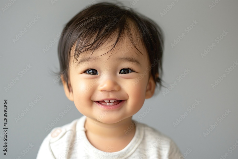 A joyful Asian baby boy smiles broadly, showcasing his adorable features and playful spirit against a soft gray background. A joyful Asian baby boy smiles broadly, showcasing his adorable features and playful spirit against a soft gray background.