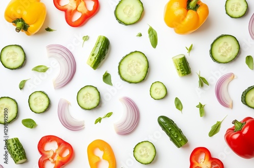 Vibrant Assortment of Fresh Vegetables Cucumbers, Bell Peppers, and Red Onions Arranged on White Background